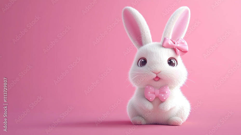 Obraz premium A cute 3D rendered cartoon bunny with large eyes is wearing a pink bowtie and a pink flower crown, in front of a pink background.