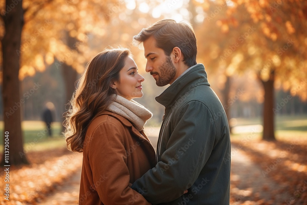 Young couple in love sharing a moment in an autumn park, warm and romantic atmosphere Young couple in love sharing a moment in an autumn park, warm and romantic atmosphere