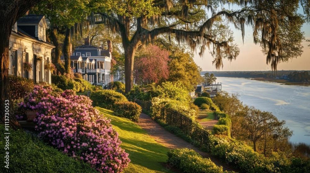 Obraz premium A serene riverside landscape showcases charming historic homes and vibrant blooming flowers along a lush pathway as the sun sets, casting golden light on the scene.