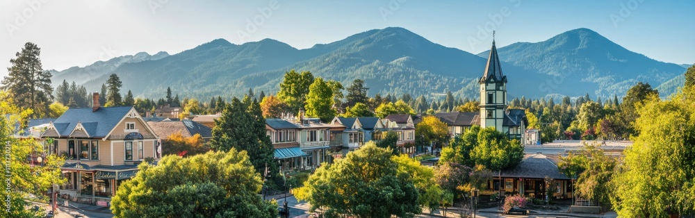The town features quaint buildings surrounded by lush greenery and mountains in the background, illuminated by soft morning light, creating a serene atmosphere. The town features quaint buildings surrounded by lush greenery and mountains in the background, illuminated by soft morning light, creating a serene atmosphere.