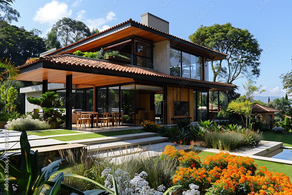 Obraz premium Modern House with Lush Green Landscape and Pool