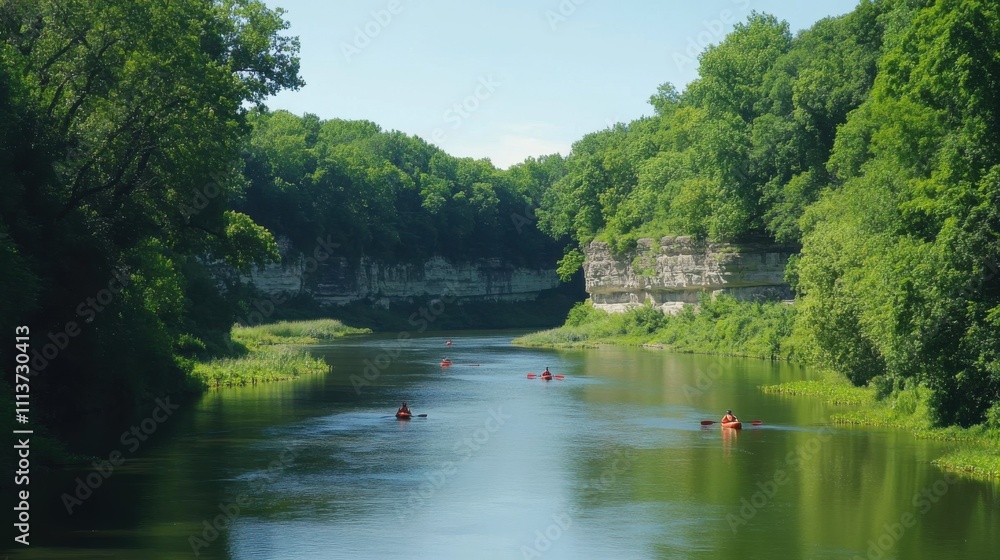 On a tranquil summer day, kayakers paddle gracefully along the Kankakee River, surrounded by verdant foliage and rocky cliffs reflecting a peaceful natural setting. On a tranquil summer day, kayakers paddle gracefully along the Kankakee River, surrounded by verdant foliage and rocky cliffs reflecting a peaceful natural setting.