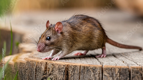 Curious Brown Rat Scurrying on Wooden Surface with Detailed Fur and Long Tail photo