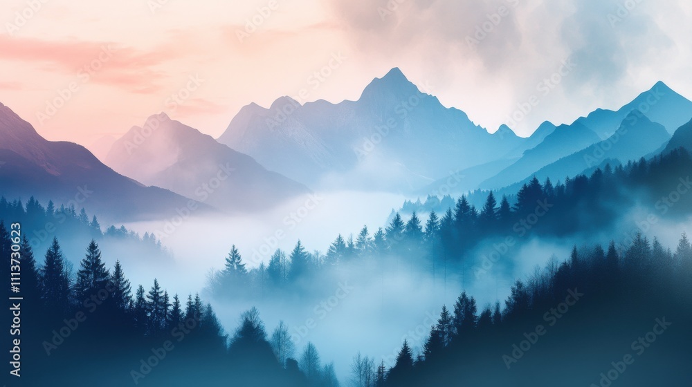 Serene mountain landscape at dawn, showcasing layers of mist and trees in soft pastels. Serene mountain landscape at dawn, showcasing layers of mist and trees in soft pastels.