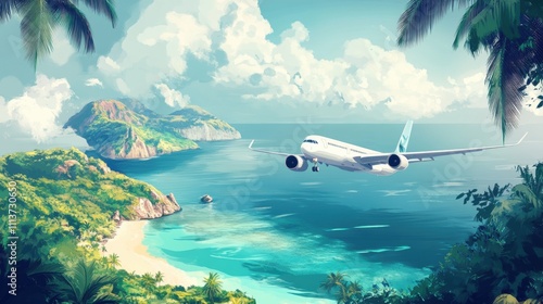 Wallpaper Mural A sleek airplane glides over a serene tropical coastline with lush greenery and vibrant blue waters. Torontodigital.ca