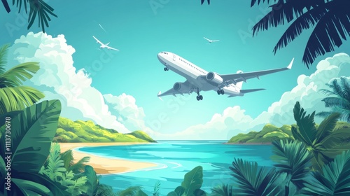 Wallpaper Mural A plane taking off over a serene tropical beach, surrounded by lush greenery and a vibrant blue sky. Torontodigital.ca