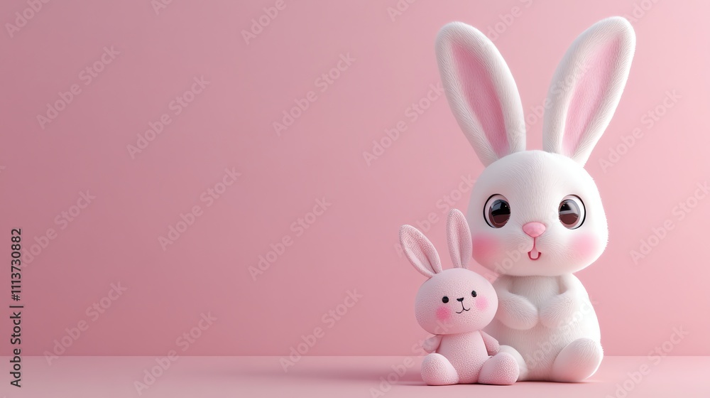 A 3D rendered cartoon bunny and a smaller pink bunny sitting on a pink background. A 3D rendered cartoon bunny and a smaller pink bunny sitting on a pink background.