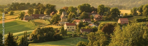 The Amana Colonies reveal a tranquil landscape at sunset, with quaint homes surrounded by verdant fields and gentle hills, embodying a peaceful rural lifestyle.