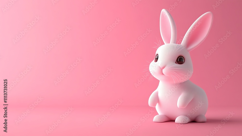 A 3D rendered cartoon bunny with large eyes and long ears is sitting on a pink background. A 3D rendered cartoon bunny with large eyes and long ears is sitting on a pink background.