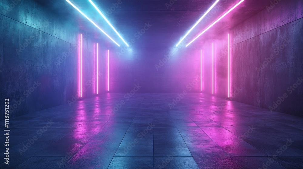 A vibrant, empty urban space with neon pink and blue lights casting a futuristic glow. A vibrant, empty urban space with neon pink and blue lights casting a futuristic glow.