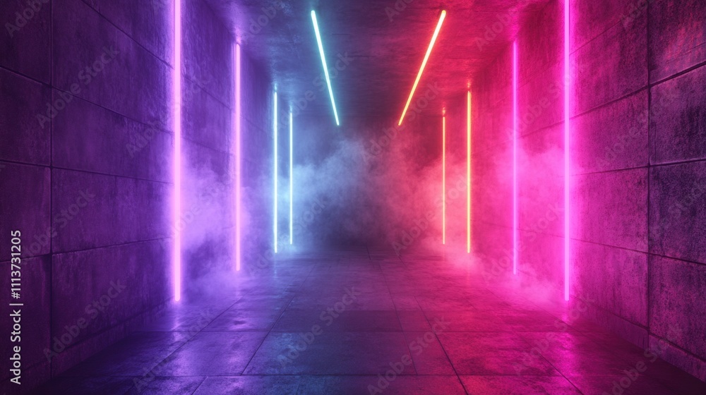 A vibrant corridor featuring glowing neon lights in pink and blue, enhanced by dramatic fog for a futuristic atmosphere. A vibrant corridor featuring glowing neon lights in pink and blue, enhanced by dramatic fog for a futuristic atmosphere.