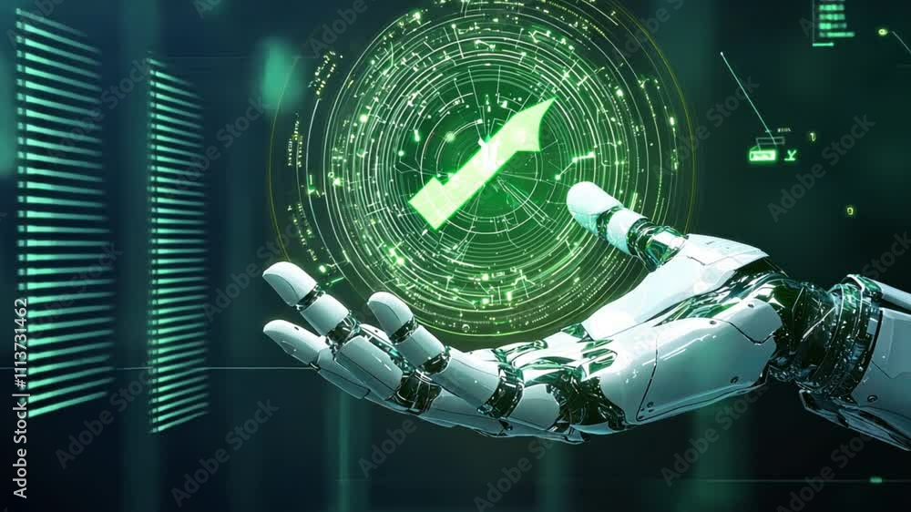 A futuristic robotic hand reaches out to touch a glowing green energy ...