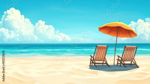 Two wooden beach chairs under a vibrant orange umbrella, set against a tranquil ocean backdrop.