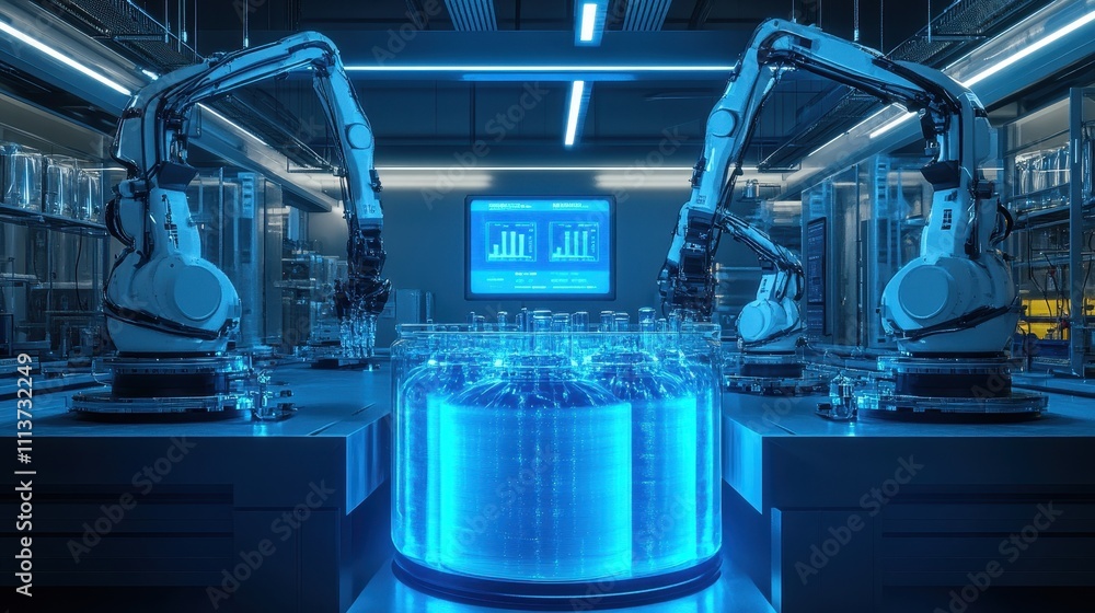 Two robotic arms operate in a futuristic lab, processing a glowing blue substance. Illustrates automation, technology, and advanced manufacturing processes. Two robotic arms operate in a futuristic lab, processing a glowing blue substance. Illustrates automation, technology, and advanced manufacturing processes.