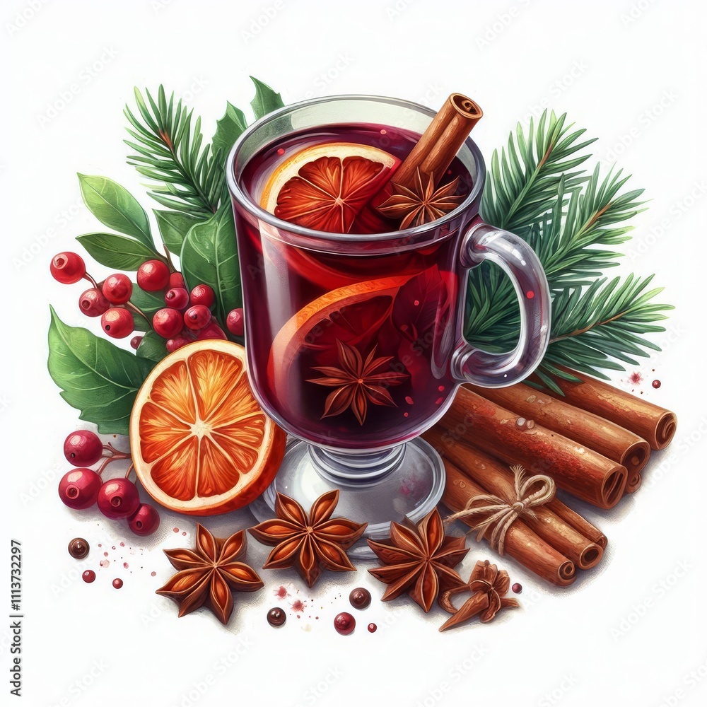Mulled wine watercolor illustration isolated on transparent. Christmas png file for art work.
Mulled wine watercolor illustration isolated on transparent. Christmas png file for art work.