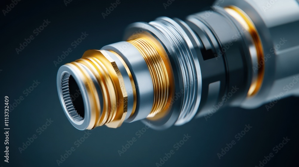 Detailed view of a shiny metallic component with gold accents, showcasing precision engineering and industrial craftsmanship. Detailed view of a shiny metallic component with gold accents, showcasing precision engineering and industrial craftsmanship.