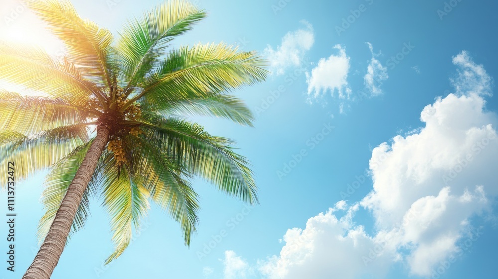 Fototapeta premium A vibrant palm tree silhouetted against a bright blue sky with fluffy clouds, evoking a tropical paradise feel.