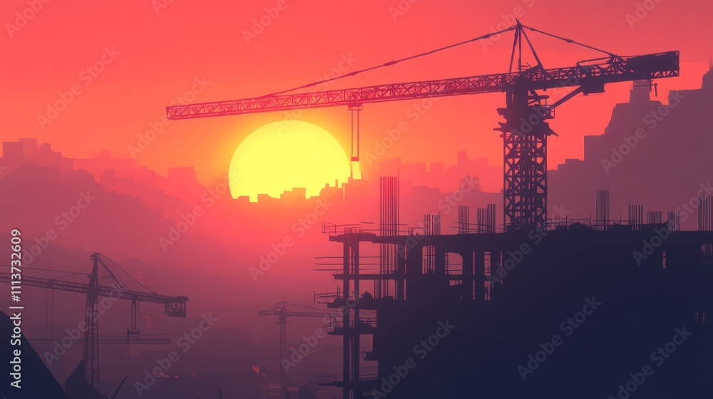 Naklejka premium Skyscraper construction and tower crane at Sunrise.