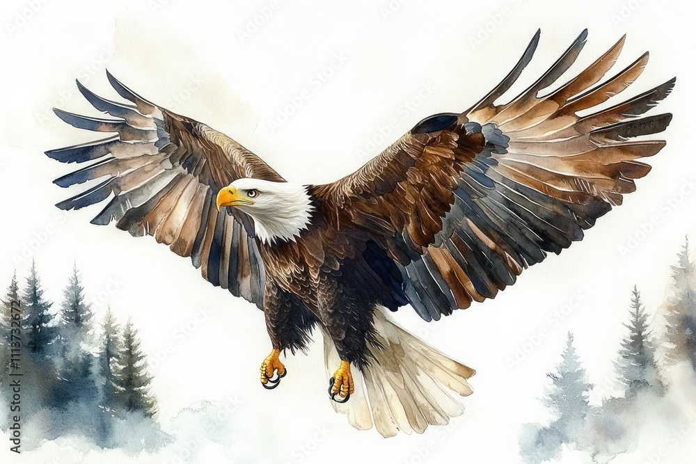 Obraz premium Bald Eagle Majestic Watercolor Artwork Flying in Clear Sky