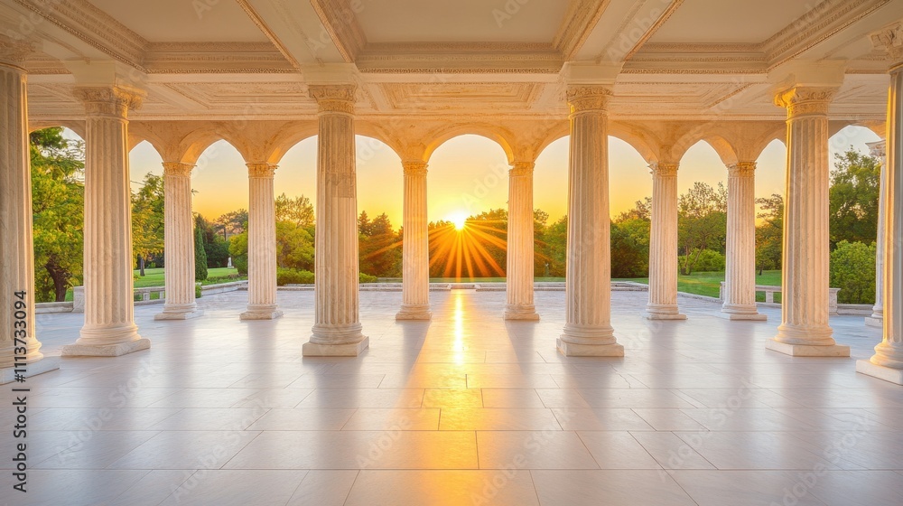 Stunning Sunset Pavilion with Marble Columns and Arched Windows Stunning Sunset Pavilion with Marble Columns and Arched Windows