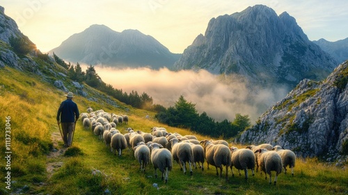 In the early morning light, a local farmer guides a flock of sheep along a mountain path, with majestic peaks and misty valleys in the backdrop, creating a tranquil atmosphere.
