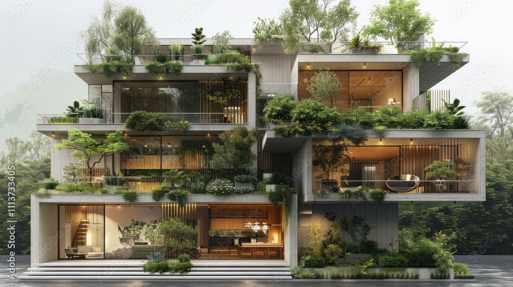 Fototapeta premium Modern multi-level house integrated with greenery and natural elements.