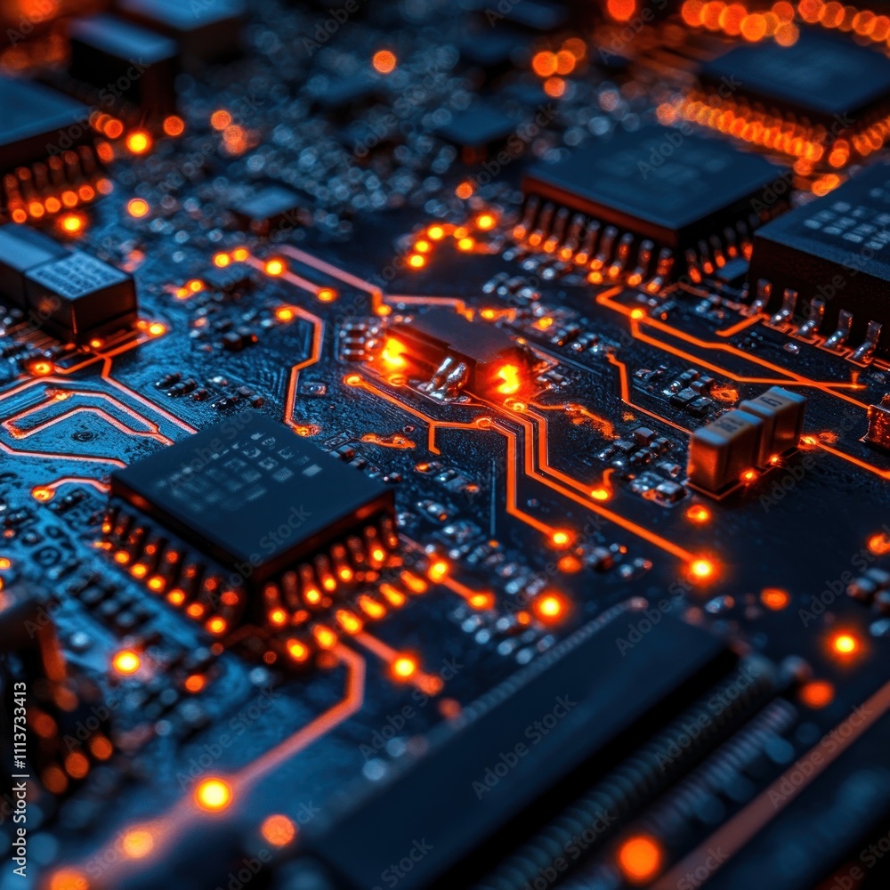 A close-up view of a printed circuit board with illuminated pathways and components. A close-up view of a printed circuit board with illuminated pathways and components.