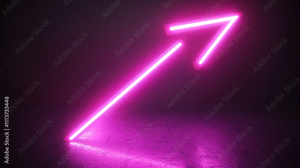A vibrant pink neon arrow pointing upward, creating a dynamic and modern aesthetic in a dark environment.