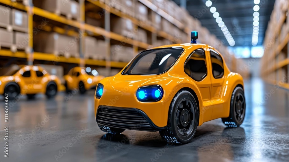 Fototapeta premium a photostock of a sleek modern warehouse with rows of robotic vehicles, automation style 2025