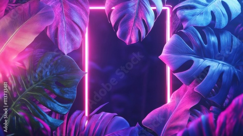 Vibrant neon foliage frame with tropical leaves in shades of purple and blue, creating a mystical atmosphere.
