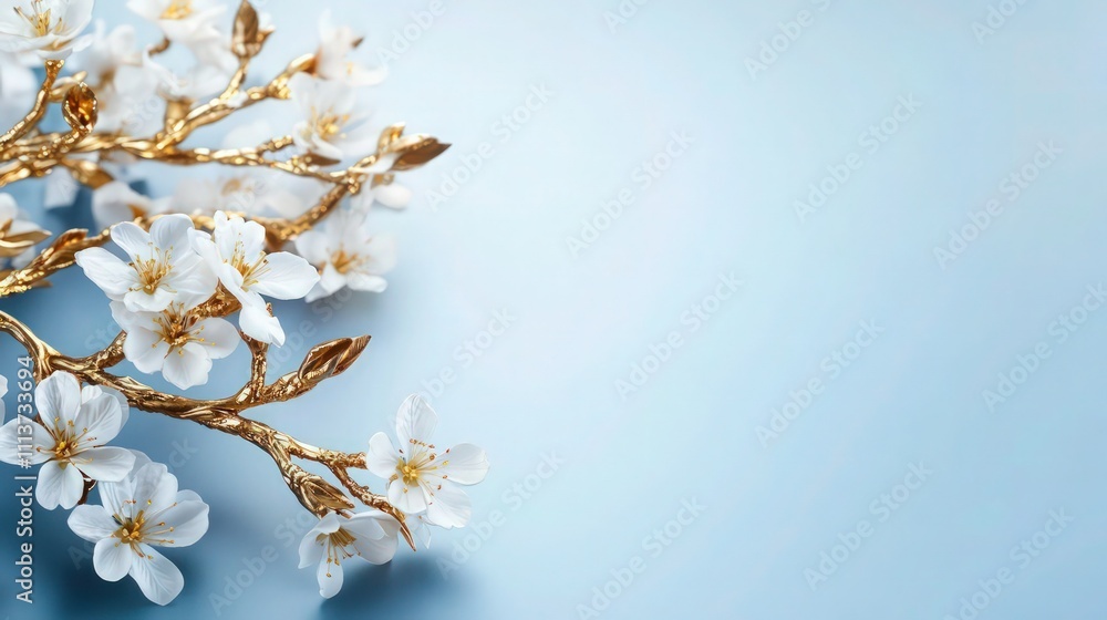 Close-up of a luxurious golden tree branch with white flowers gently positioned on a smooth blue backdrop, offering plenty of space for text. Close-up of a luxurious golden tree branch with white flowers gently positioned on a smooth blue backdrop, offering plenty of space for text.
