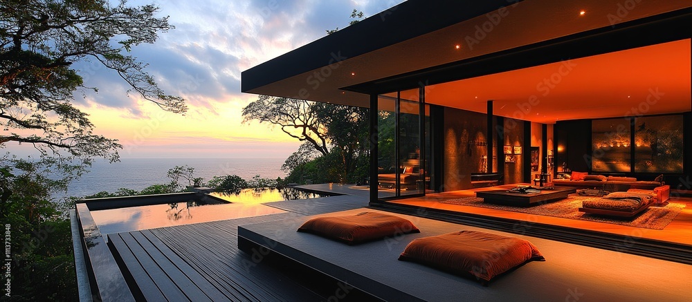 Fototapeta premium Sunset view from modern home's infinity pool and deck.