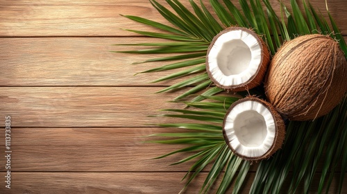 Fresh coconuts and palm leaves arranged on a wooden background.