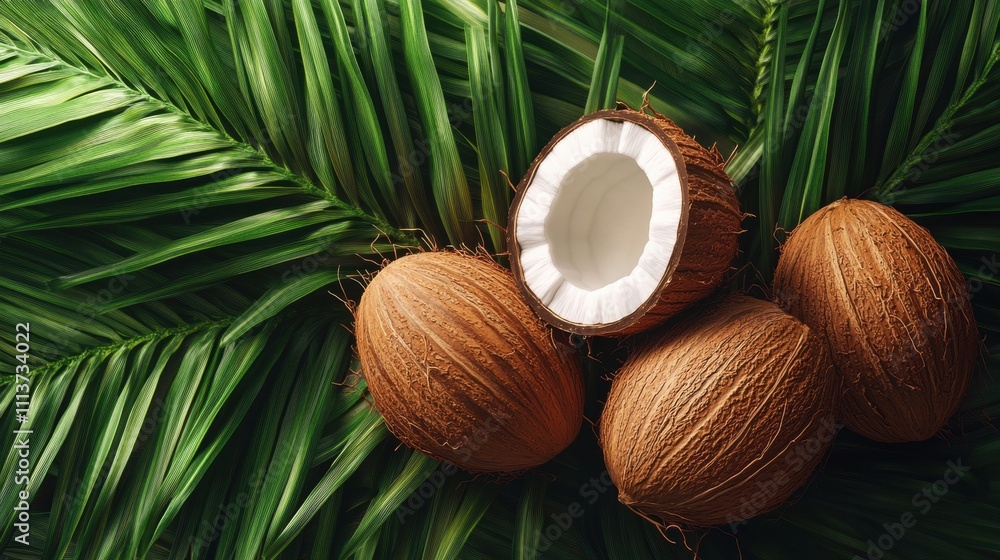 Four coconuts, one open, resting on vibrant green palm leaves. Four coconuts, one open, resting on vibrant green palm leaves.