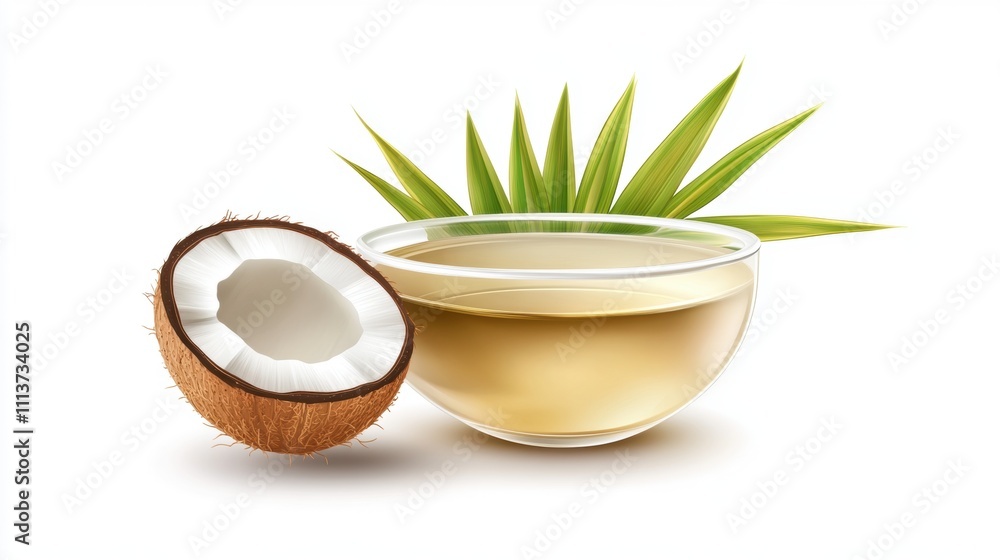 A fresh coconut with a cut opening next to a bowl of coconut oil and green palm leaves, suggesting natural beauty and wellness. A fresh coconut with a cut opening next to a bowl of coconut oil and green palm leaves, suggesting natural beauty and wellness.