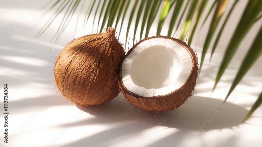 A fresh coconut cut open, exposing its creamy white interior, surrounded by tropical palm leaves. A fresh coconut cut open, exposing its creamy white interior, surrounded by tropical palm leaves.