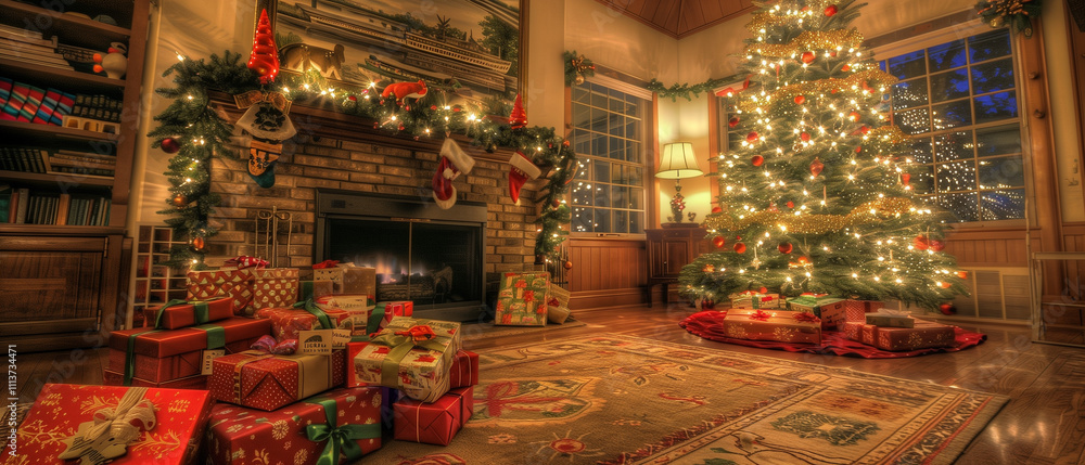 A cozy holiday setting on Christmas Eve with a big heap of presents stacked beside a glowing fireplace, while a beautifully decorated Christmas tree sparkles in the background, A cozy holiday setting on Christmas Eve with a big heap of presents stacked beside a glowing fireplace, while a beautifully decorated Christmas tree sparkles in the background,
