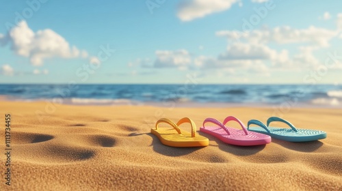 Colorful beach flip-flops in yellow, pink, and blue resting on warm sandy beach, with a tranquil ocean backdrop.