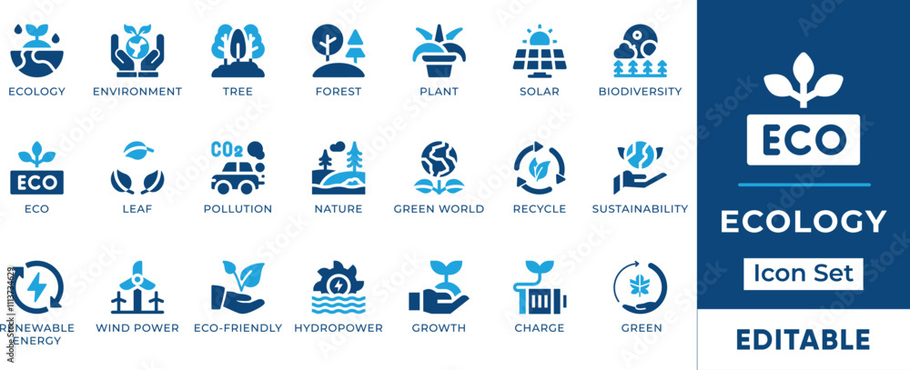 Ecology Icon Set. Features editable icons for environment symbols, nature, sustainability, eco-friendly, renewable energy, and more. Perfect for environmental, sustainability, and eco-friendly designs Ecology Icon Set. Features editable icons for environment symbols, nature, sustainability, eco-friendly, renewable energy, and more. Perfect for environmental, sustainability, and eco-friendly designs