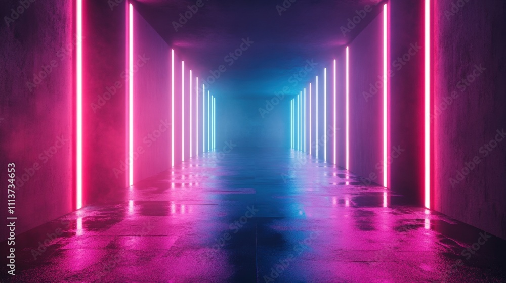 A stunning neon-lit corridor with vibrant pink and blue lights reflecting on the wet floor, creating a futuristic atmosphere. A stunning neon-lit corridor with vibrant pink and blue lights reflecting on the wet floor, creating a futuristic atmosphere.