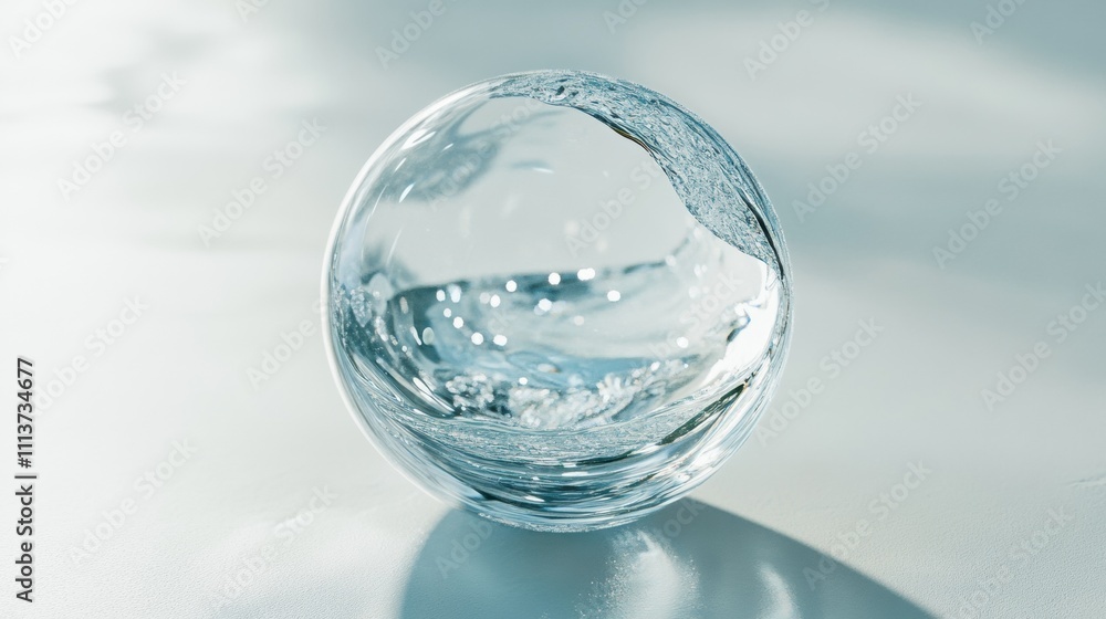 A clear glass sphere filled with water, reflecting soft light and creating delicate waves inside. A clear glass sphere filled with water, reflecting soft light and creating delicate waves inside.