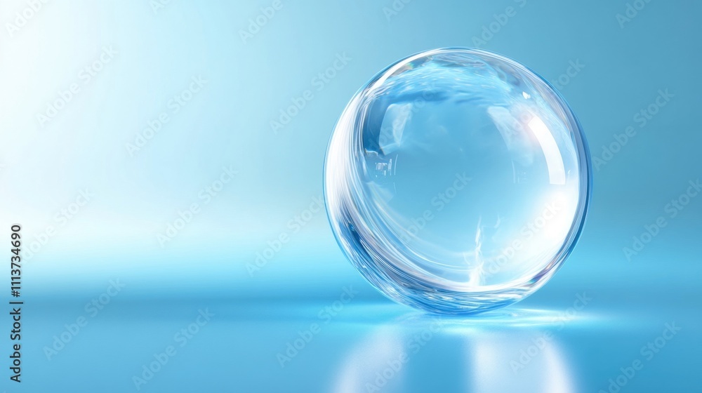 A clear glass sphere reflecting soft blue light, creating an ethereal atmosphere. A clear glass sphere reflecting soft blue light, creating an ethereal atmosphere.