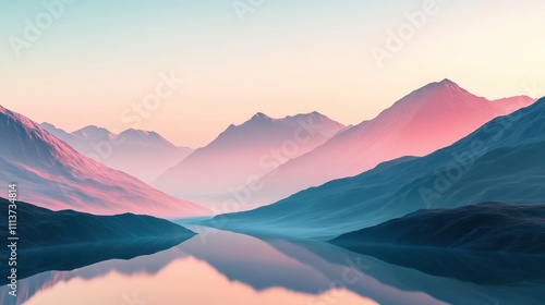 Serene mountain landscape at dawn with soft pastel hues reflected in a calm lake.