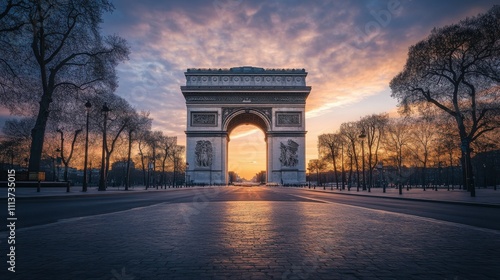 The Arc de Triomphe stands majestically in Paris as the sun sets, casting a warm glow across the empty streets, highlighting its detailed sculptures and archway. photo