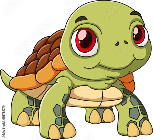 A cute  cartoon turtle illustration with big red eyes  a friendly smile  and vibrant colors