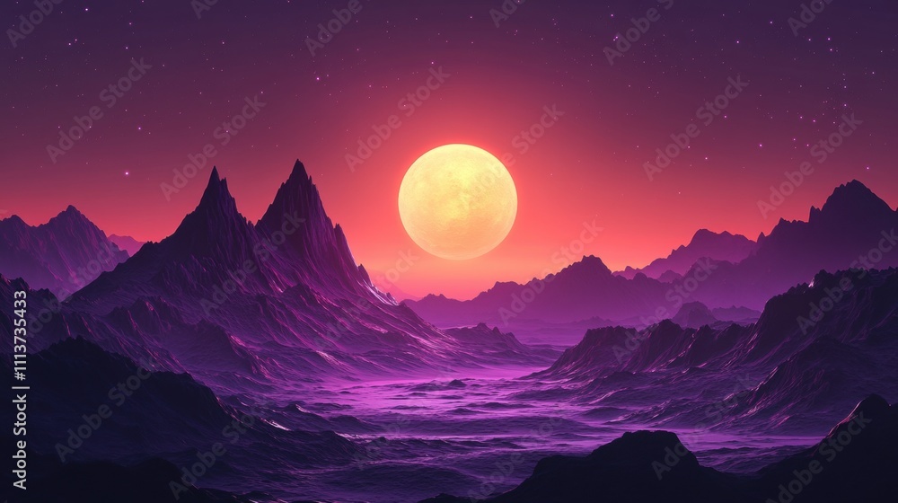 A surreal landscape featuring towering mountains bathed in purple hues under a glowing orange moon. A surreal landscape featuring towering mountains bathed in purple hues under a glowing orange moon.