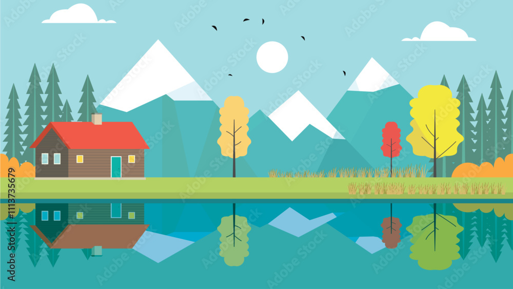 Mountain River Lake Landscape with Home House in Bright Sky in Autumn Fall Season Mountain River Lake Landscape with Home House in Bright Sky in Autumn Fall Season