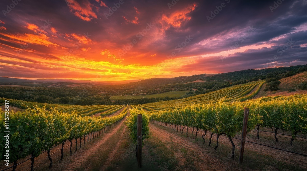 Obraz premium This breathtaking view captures the vibrant sunset over the Texas Hill Country, illuminating the lush vineyards with rich colors and serene landscapes.