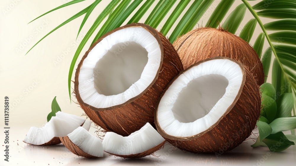 Two halved coconuts with fresh coconut pieces surrounded by green palm leaves. Two halved coconuts with fresh coconut pieces surrounded by green palm leaves.