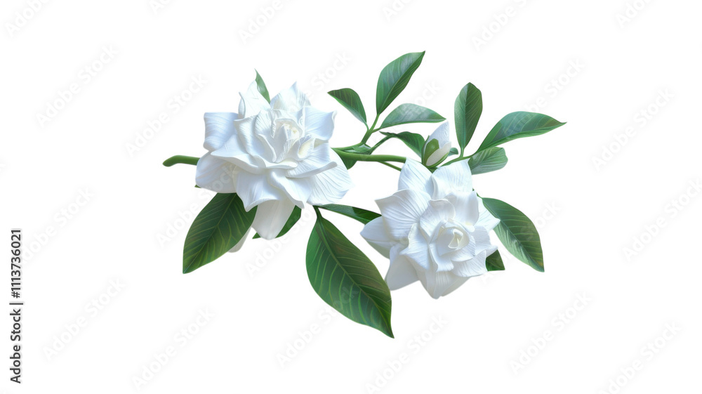 Obraz premium Stunning Blooming Gardenia 3D Render Isolated on White Background for Floral Design Projects